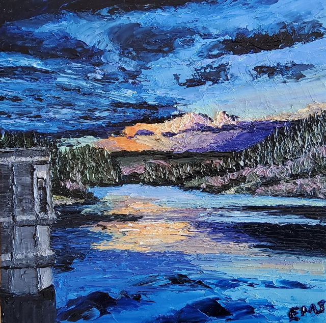 Cod Beck Reservoir. 6x6&quot; original oil on wooden canvas. 