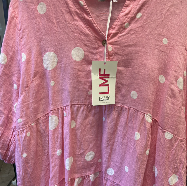 LMF - Pink Linen Dress with White Spots - Free Size - 1939