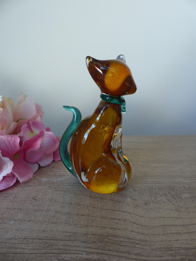 Figurine chat en verre orange et verre soufflé, Presse papier chat décoration bureau maison ornement de table