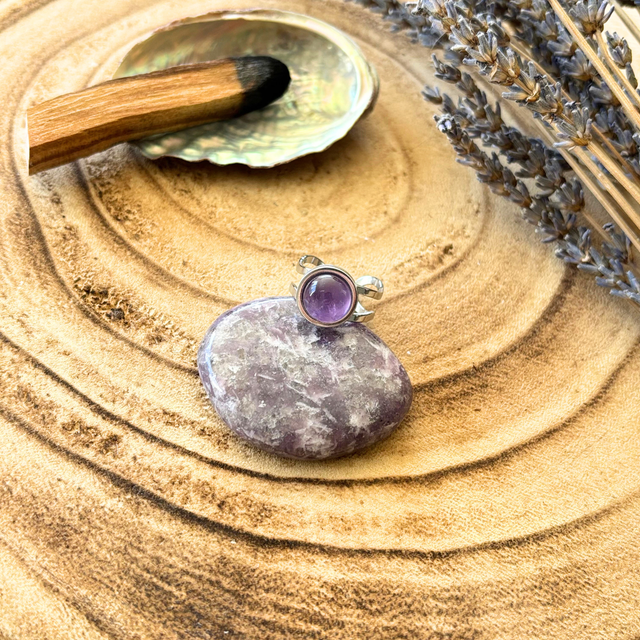 Bague réglable Améthyste &amp; inox couleur argenté