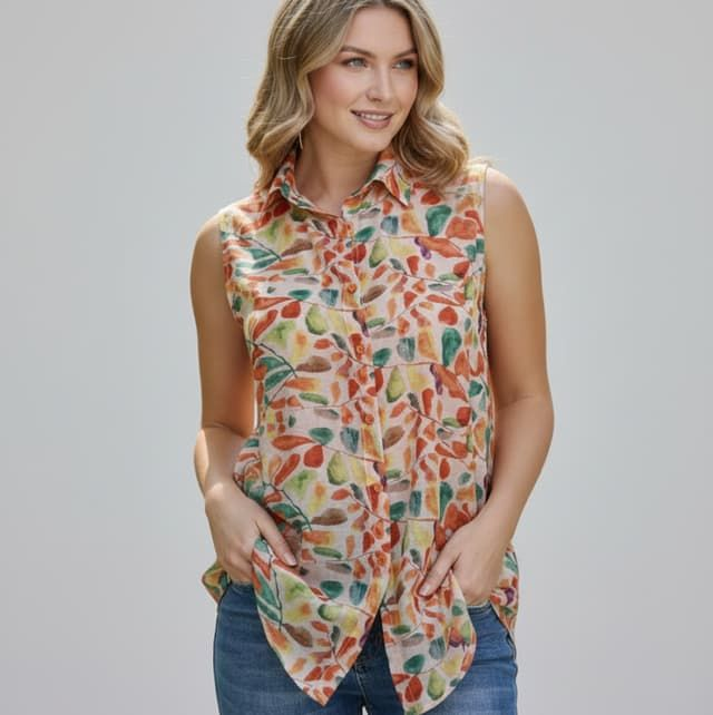 Chemise sans manches à imprimé feuilles d'automne