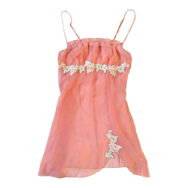 Japanese brand coquette pastel pink floral embroidered sheer pink slip dress 