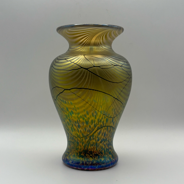 Okra Glass Vase – Signed David Barras 2002, Golden Iridescent with Blue-Purple Spots