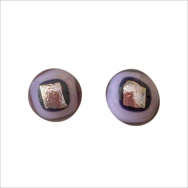 Stud earrings with pale silvery pink dichroic glass on a background of pale pink and dark purple (Ref ESS14 )