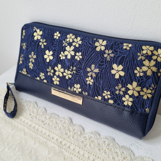 Portefeuille long zippé &quot;Sakura&quot; bleu doré &amp; simili cuir bleu marine