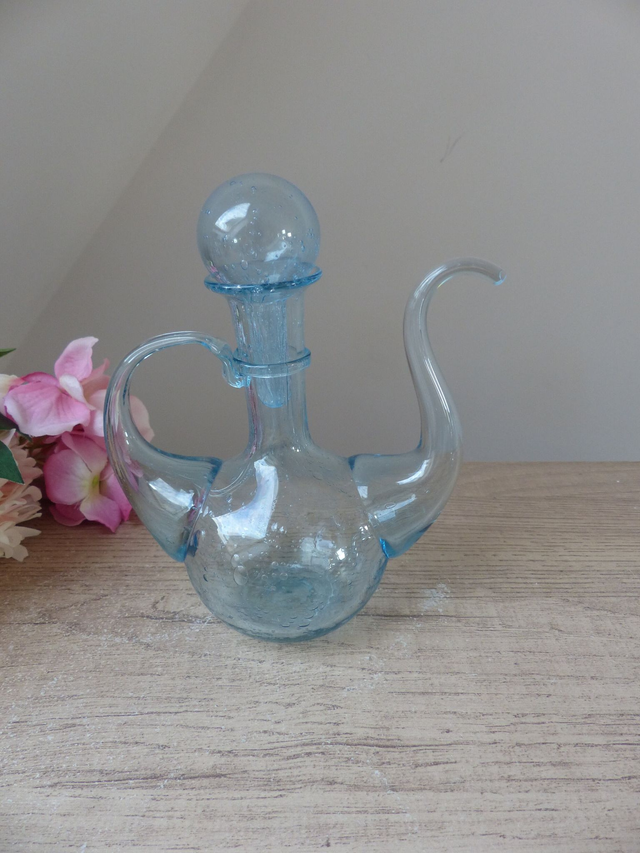 Ensemble Huilier et Vinaigrier en Verre Bullé Soufflé – Verrerie de Biot – Artisanat Français Signé – Bleu Aqua Vintage – Décoration Table