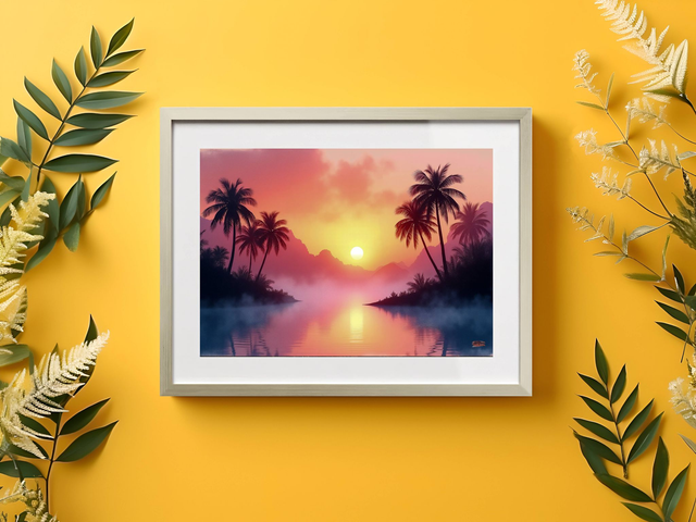 Photo encadrée Oasis au lever du soleil – Tirage d’art aquarelle qualité musée & déco murale zen