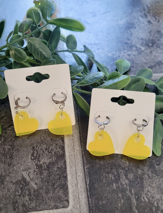 Earrings | Zesty Lemon Yellow Glitter Hearts | Stainless Steel Hoops