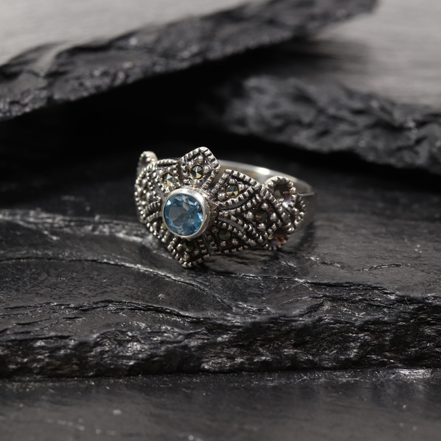 Vintage Sterling Silver 925 Art Deco Style Round Cut Vivid Blue Topaz With Marcasite Gemstone Shield Design Ring Size O - 7