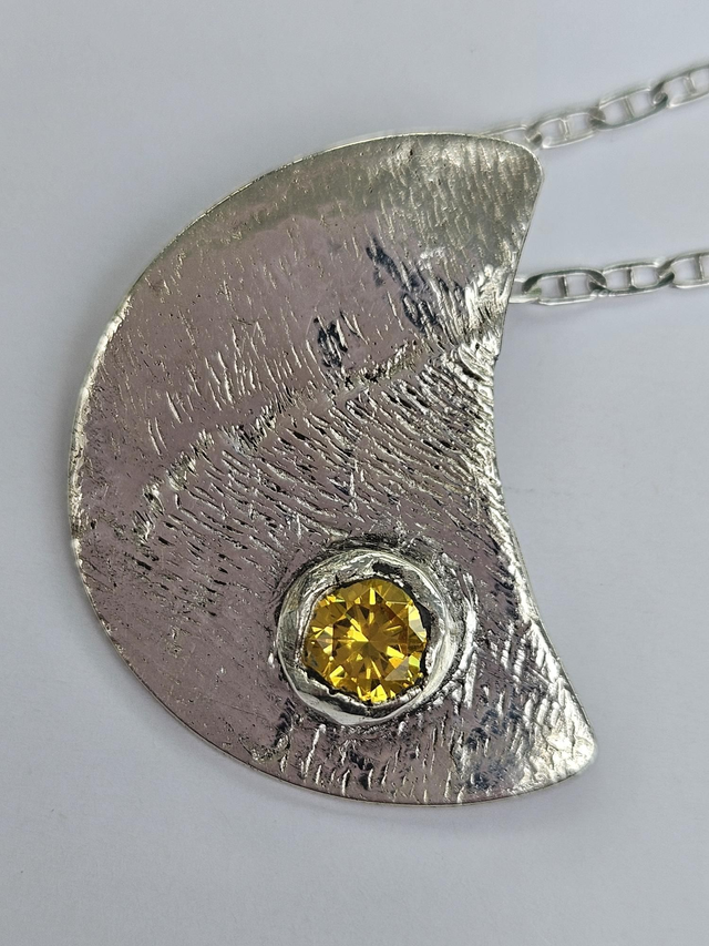 Half moon fine silver pendant with citerine cubic zirconia 