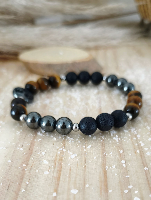 Bracelet "Force intérieure" Oeil de tigre, Pierre de lave et Hématite