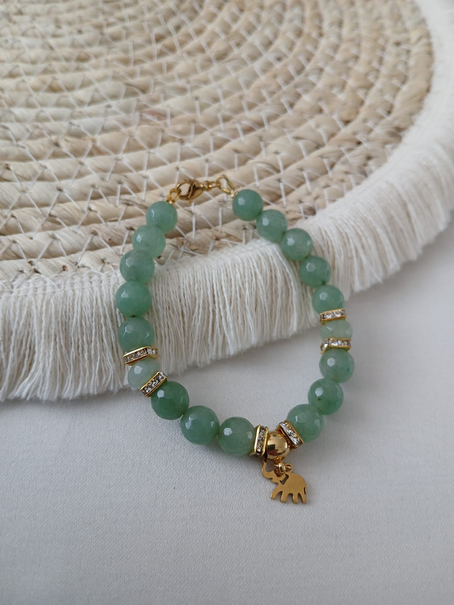 Dames armband Aventurijn 8 mm met goudkleurig RVS en olifant bedel (1.266)