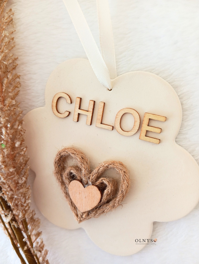 Décoration en argile avec coeur en jute (personnalisable)