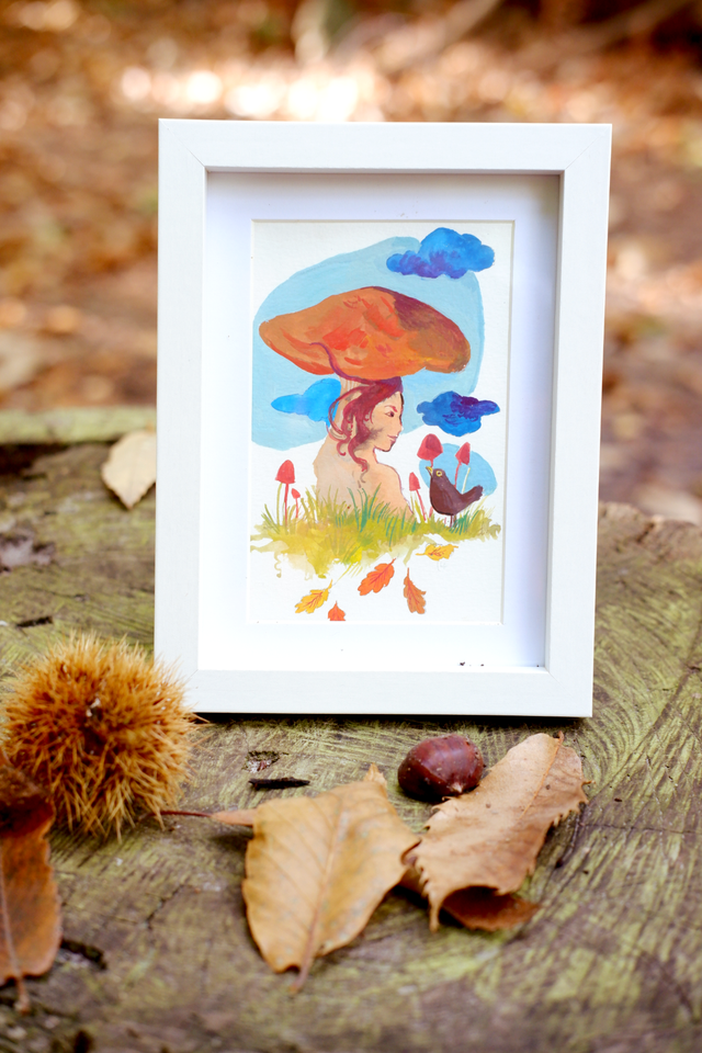 Illustration Originale A6 encadrée "La Fille Champignon" 
