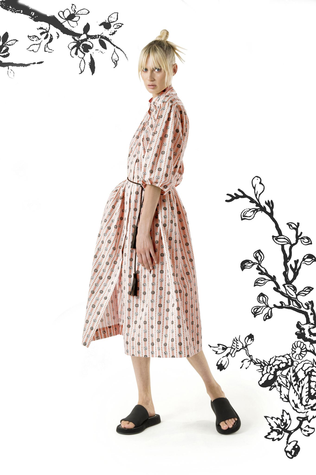 Abito camicione stampa riga e piattini rossa