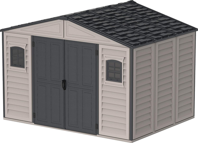Duramax WoodBridge II PLUS 10.5 x 8 (8.02 m2) Plastic Garden Shed with Metal Foundation Kit and 2 Fixed Window, Strong Metal Roof Structure, Dark Grey