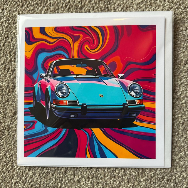 Classic 1960s Porsche 911 Pop Art Psychedelic Greeting Card – Retro Car Enthusiast Gift, Bold & Colourful Retro Design