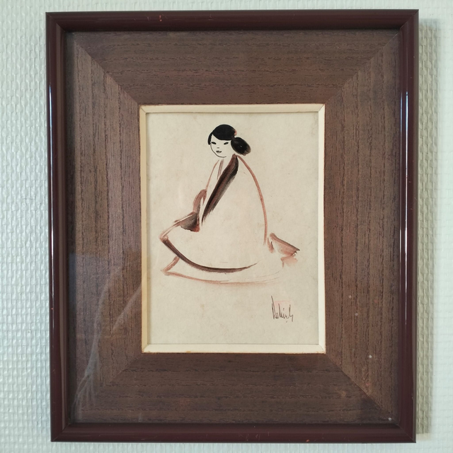 Dessin femme vintage signé, art moderne, cadre bois.