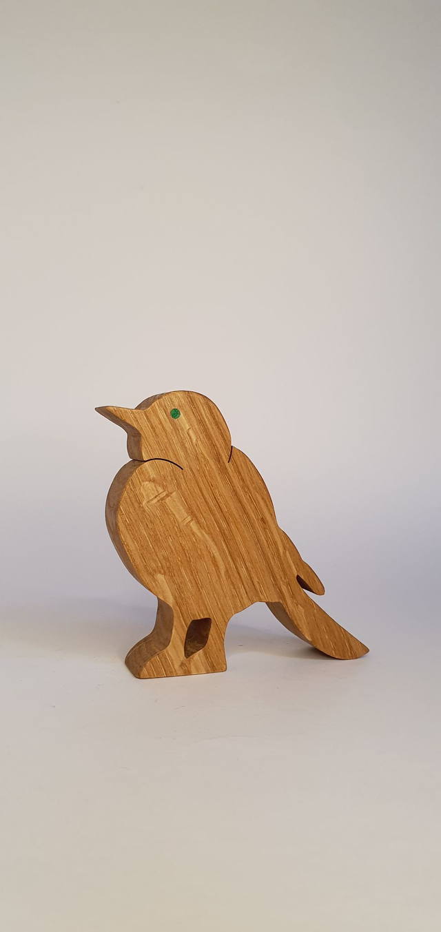 Oiseau décoratif en bois de chêne et cuir vert