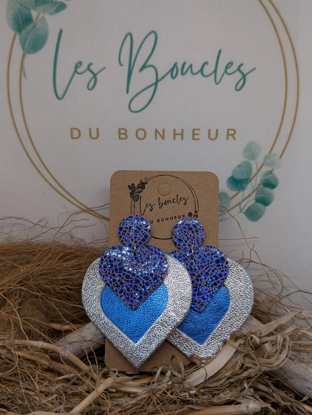 Boucles d&#039;oreilles Double coeur  bleu argenté dc033