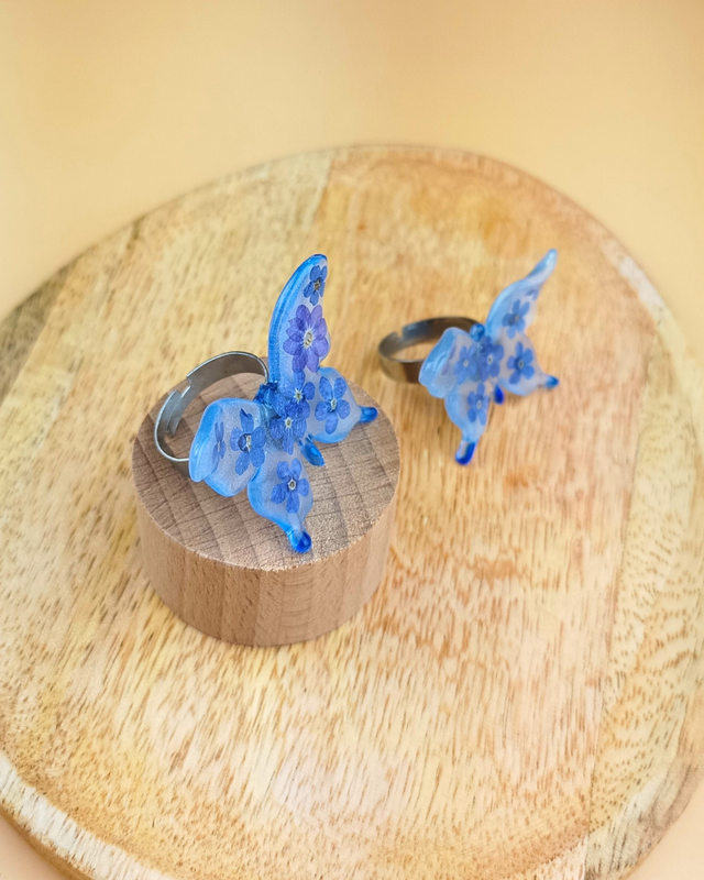 Bague Myosotis (Ne m'oubliez pas) - Ajustable en acier inoxydable argenté