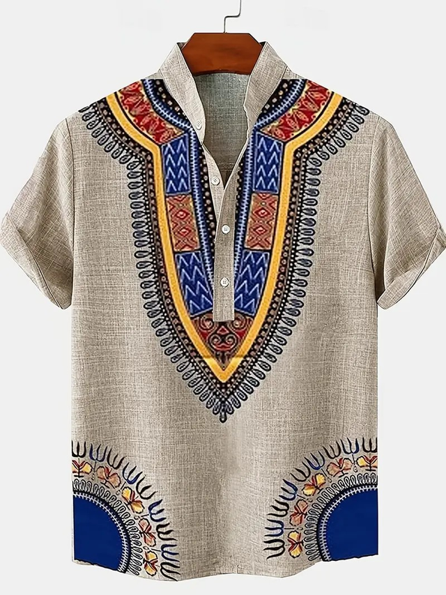 Men's Shirt - Ethnic Print Short Sleeve Button-Up