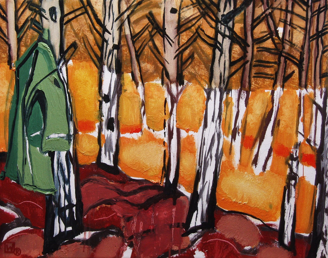 Kurtka w lesie, 40x50 alkid płótno