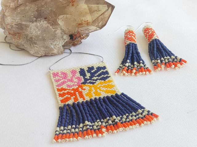 Conjunto de colgante y pendientes Matisse naranja y azul