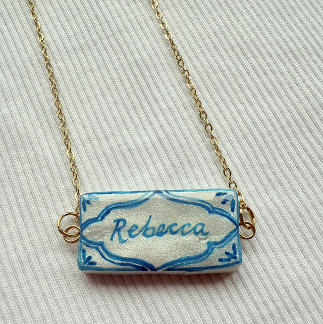 Personalised Hand Painted Name Necklace – Custom Blue &amp; White Pendant