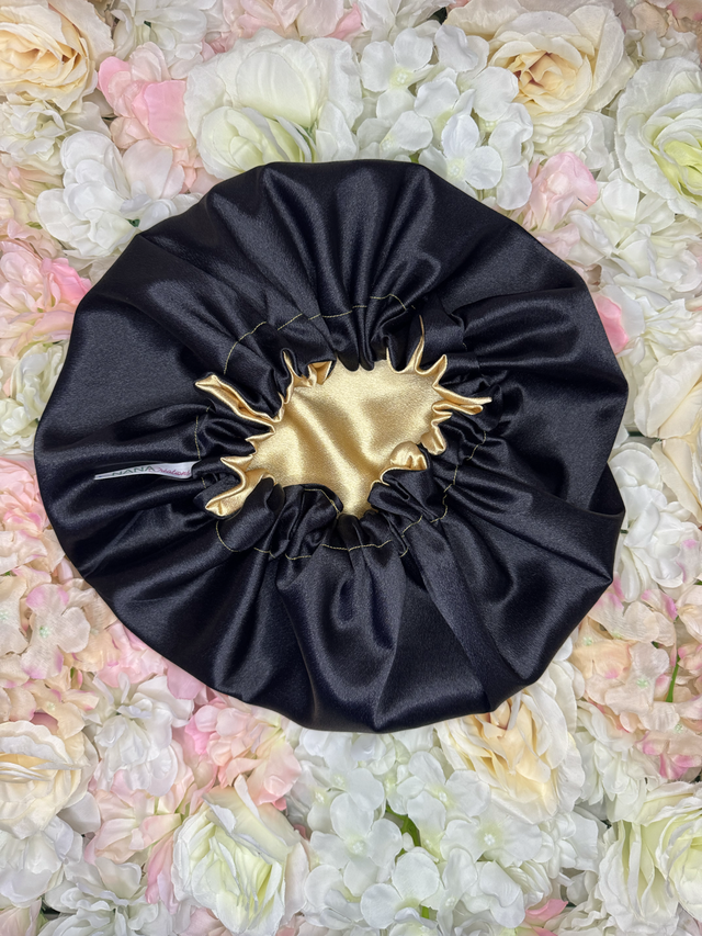 Bonnet en satin Bicolore - Doré & Noir réversible | Protection cheveux nuit | Anti-frisottis | Tailles S, M, L | Double face fait main