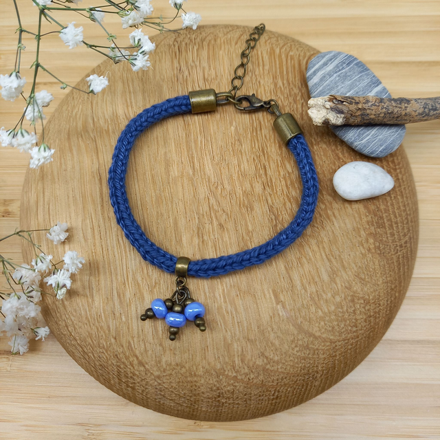 Parure bleu marine et bronze - Bracelet tricoté
