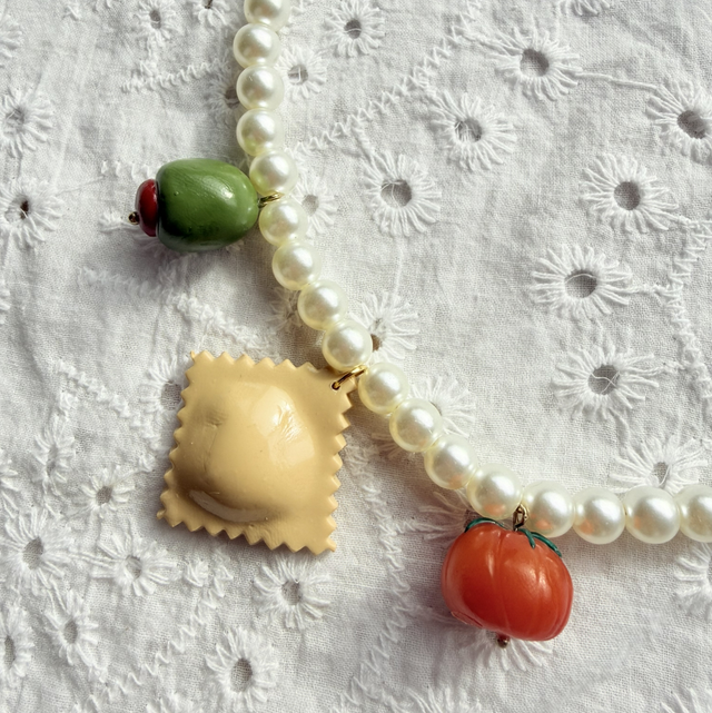 FRANCESCA – Ravioli, Tomato & Olive Pearl Charm Necklace