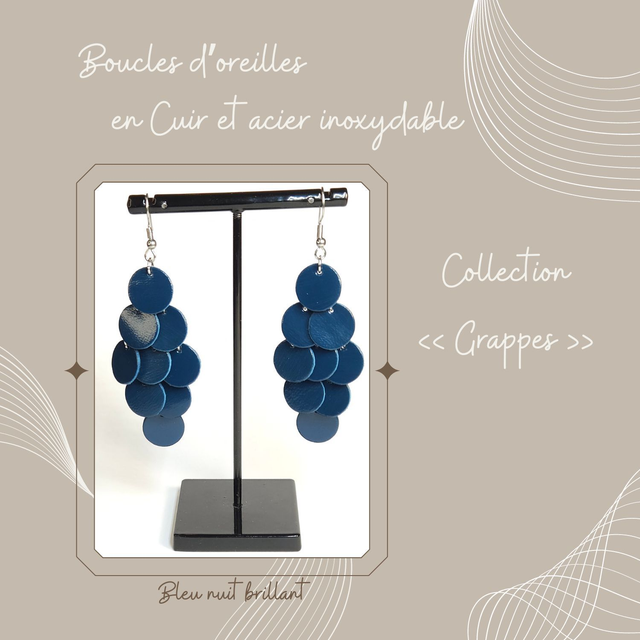 Boucles d&#039;oreilles Grappe en cuir - Bleu nuit