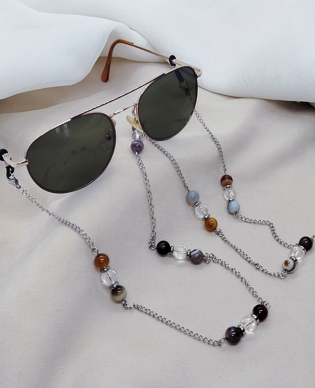 Chaîne de lunettes 77 cm acier inoxydable et pierres naturelles (agate marron, agate du Botswana, cristal de roche)