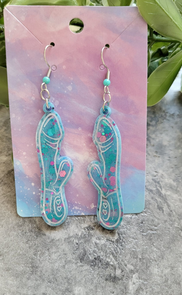 Earrings | Teal & Pink Glitter with White Outline Rabbit Vibrator Earrings | Stainless Steel Hooks & Colour Bead