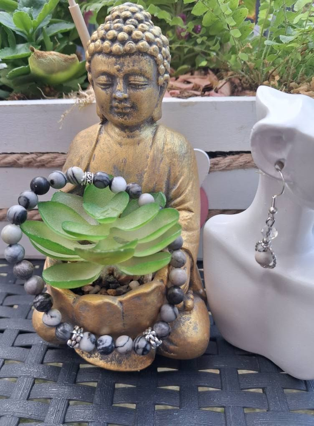 Bracelet Jaspe grise + boucles d'oreilles