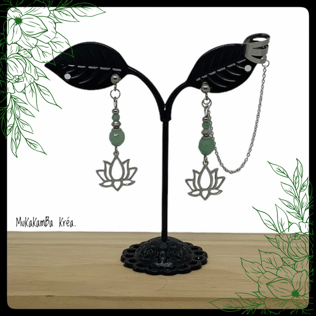 Boucles d’oreilles en acier inoxydable, pince pour le cartilage et perles en pierres naturelles, motif Lotus