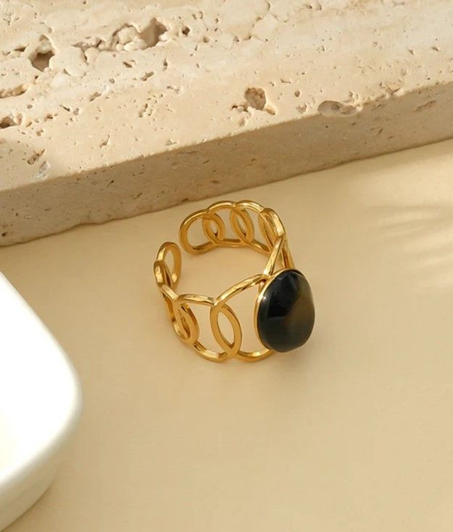 Bague Eclat Dorée Multi Ligne- Ovale Motif Animalier Ajustable en acier inoxydable