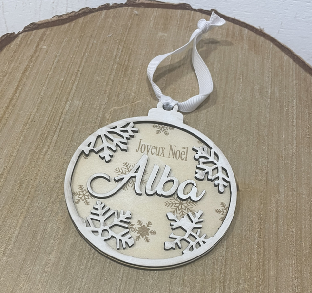 Boule de Noël bois flocons personnalisé 