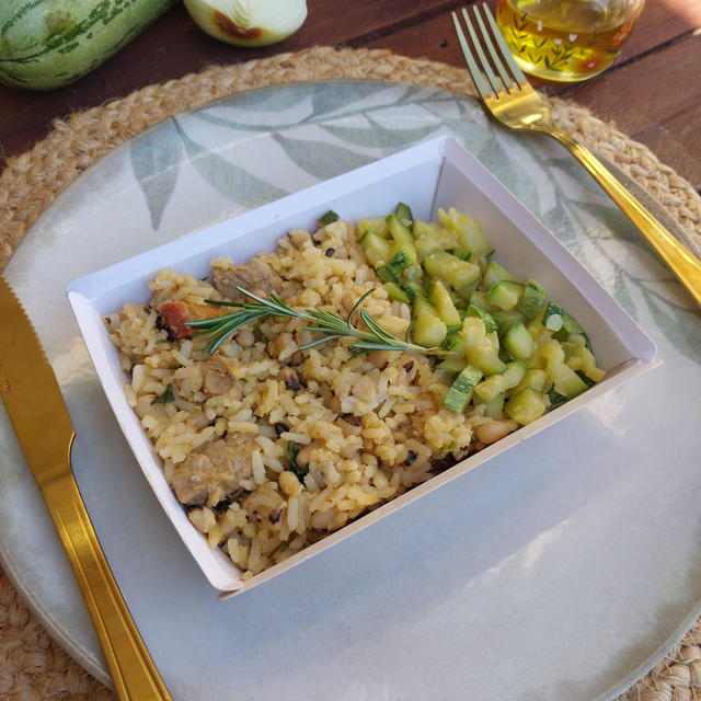 Baião de dois com filé mignon suíno e bacon + Abobrinha refogada