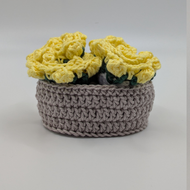 Crocheted Flower Bouquet Coasters set of two in basket