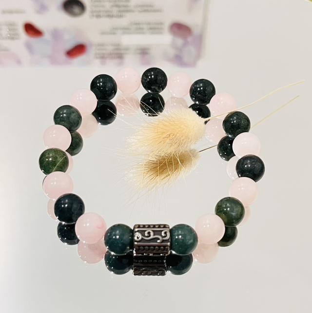 Agate mousse 8 mm - Quartz rose 8 mm - Joie - Amour