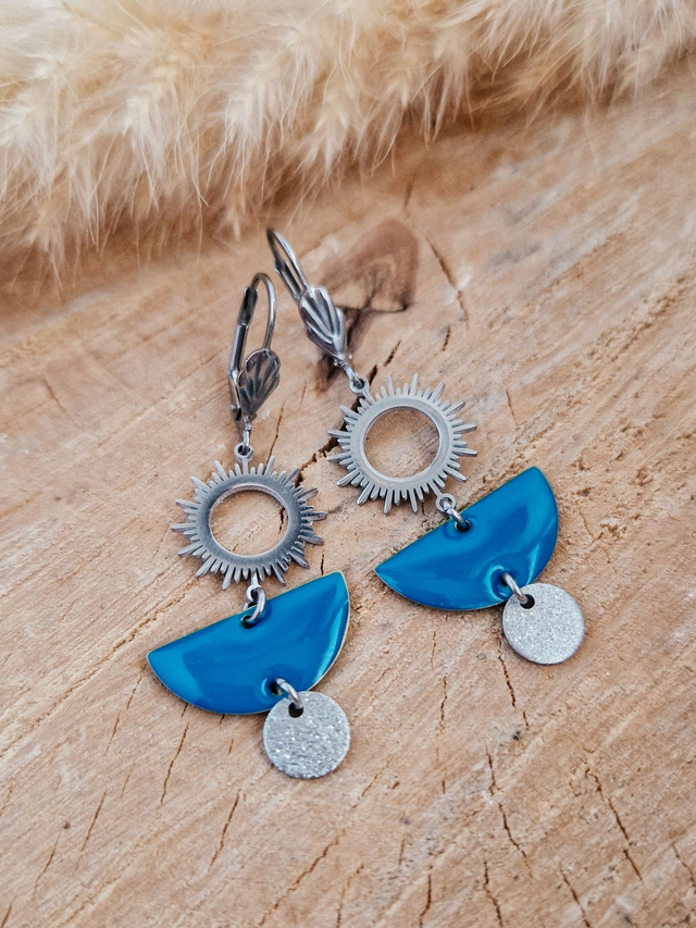 Boucles d'oreilles "Soleils" - Modèle argenté et bleu