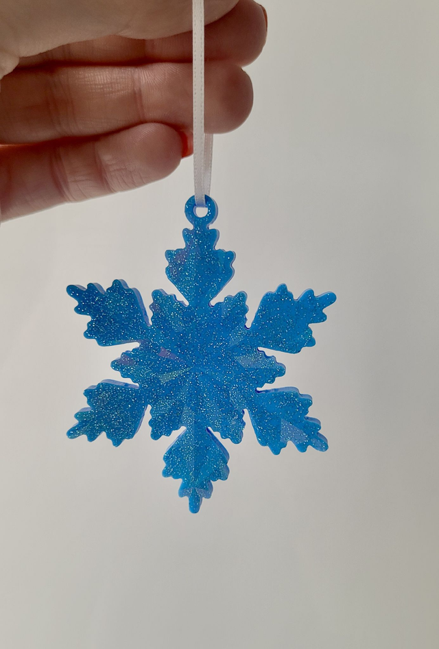 Solid Blue Glitter Snowflake Decoration – Chunky Resin Bauble – Christmas Ornament