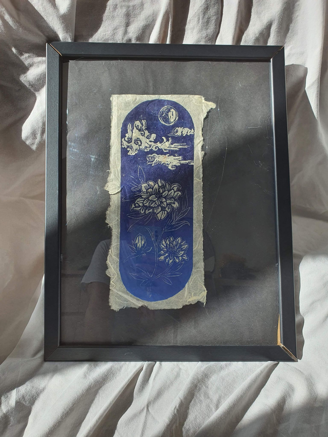 "Cloudy night" linocut in purple and blue colour way