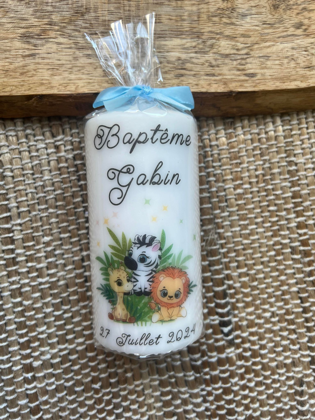 Bougie baptême naissance personnalisée jungle ZEBRE GIRAFE LION