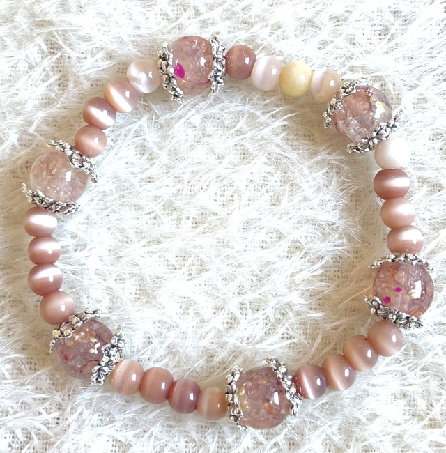 B32 - Bracelet perles verre ton rose et inter perles métal