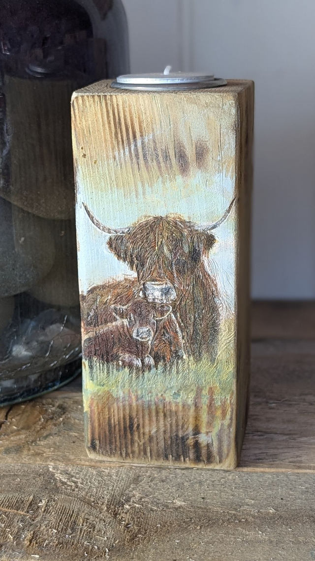 Highland Bond - Mother and Calf - Tealight Holder Reclaimed Wood