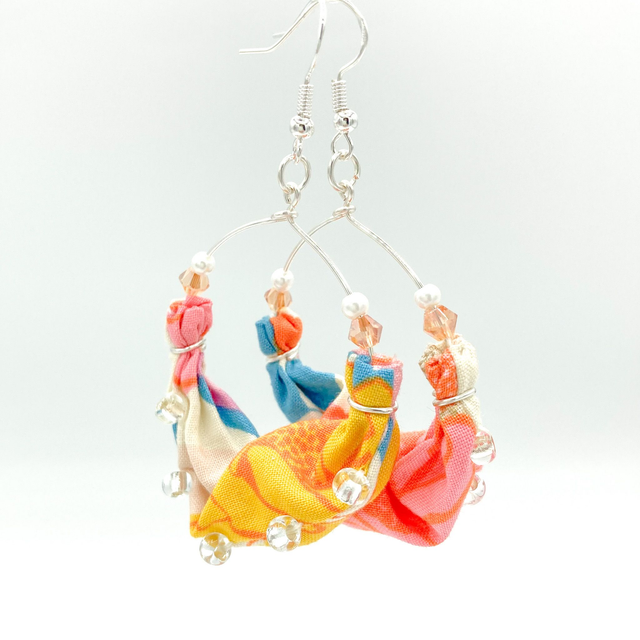 Scrunchie Hoop Earrings with Solid Silver Hooks - Cream Metallic Gold Floral