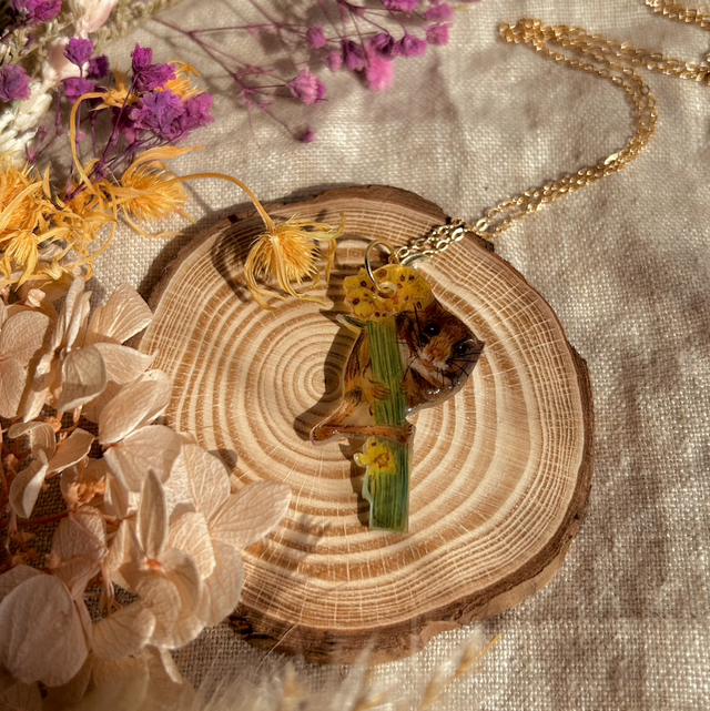 Hazel Dormouse and Mullein Flower Necklace 